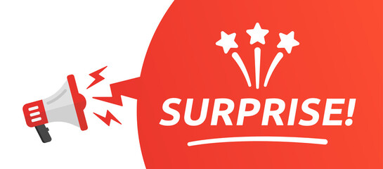 Poster - Surprise banner with loudspeaker illustration. Advertising and marketing concept
