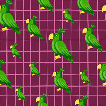 Random Green Parrots Silhouettes Seamless Doodle Pattern. Purple Bright Chequered Background.