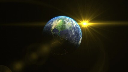 Wall Mural - sunrise and shadow on the earth rotate in space with star in universe. world realistic atmosphere 3d