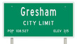 Rendering of a green Oregon highway sign with city information