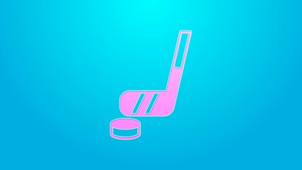 Sticker - Pink line Ice hockey stick and puck icon isolated on blue background. 4K Video motion graphic animation