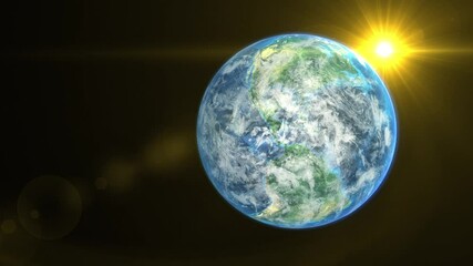 Wall Mural - sunrise on the earth rotate in space with star in universe. world realistic atmosphere 3d volumetric