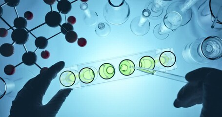 Wall Mural - pharmaceutics laboratory: pipette dropping chemical liquid into test tubes, medical research, analys