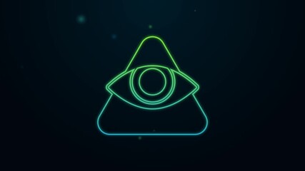 Sticker - Glowing neon line Masons symbol All-seeing eye of God icon isolated on black background. The eye of Providence in the triangle. 4K Video motion graphic animation