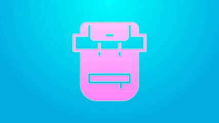 Sticker - Pink line Hiking backpack icon isolated on blue background. Camping and mountain exploring backpack. 4K Video motion graphic animation