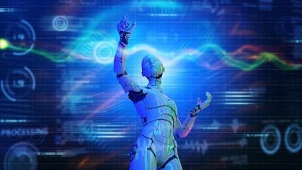 Poster - Digital smart world metaverse digital marketing, 3D humanoid robot future technology revolution innovation with cyber space futuristic graph chart analytic background. 