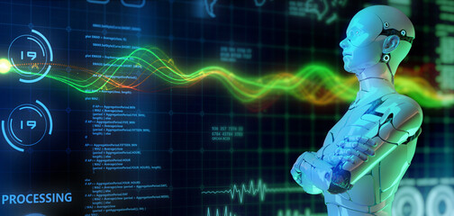 Poster - Digital smart world metaverse digital marketing, 3D humanoid robot future technology revolution innovation with cyber space futuristic graph chart analytic background. 