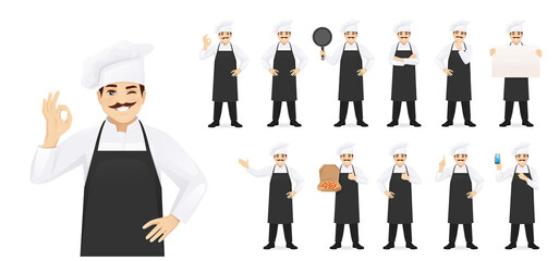 Wall Mural - Man chef set in different poses vector illustration