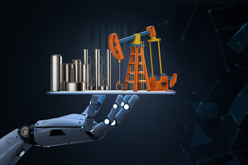 Petroleum industry technology concept with robot arm and oil refinery