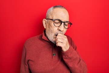 Poster - Handsome mature man wearing casual sweater and glasses feeling unwell and coughing as symptom for cold or bronchitis. health care concept.