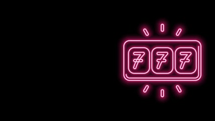 Poster - Glowing neon line Slot machine with lucky sevens jackpot icon isolated on black background. 4K Video motion graphic animation