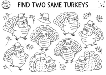 Find two same turkeys. Thanksgiving black and white matching activity for children. Funny autumn line quiz worksheet for kids for attention skills. Simple fall printable game or coloring page.