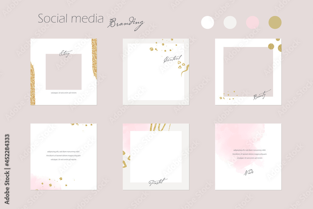 Instagram social media story post feed template in pink pastel and gold ...