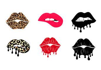 Wall Mural - Kissing and biting lips with leopard print collection. Melting lipstick. Isolated vector illustration. Trendy sticker
