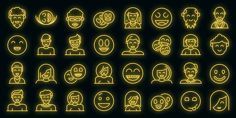 Poster - Smiling people icons set. Outline set of smiling people vector icons neon color on black
