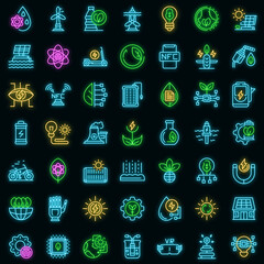Poster - Eco innovation icons set. Outline set of eco innovation vector icons neon color on black