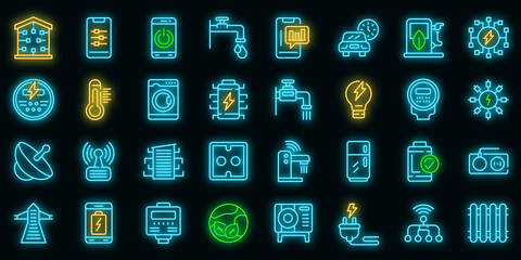 Sticker - Smart consumption icons set. Outline set of smart consumption vector icons neon color on black