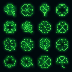 Sticker - Clover icons set. Outline set of clover vector icons neon color on black