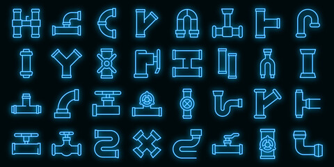 Sticker - Pipe icons set. Outline set of pipe vector icons neon color on black