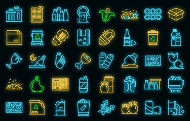 Poster - Waste icons set. Outline set of waste vector icons neon color on black