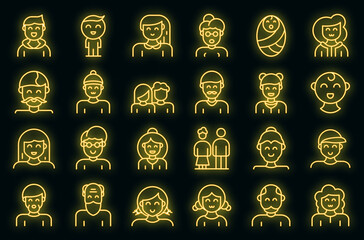 Poster - Generation icons set. Outline set of generation vector icons neon color on black