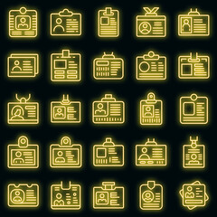 Poster - Id card icons set. Outline set of id card vector icons neon color on black