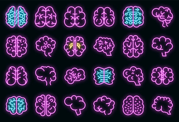 Wall Mural - Human brain icons set. Outline set of human brain vector icons neon color on black