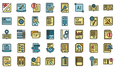 Poster - technical document icons set. outline set of technical document vector icons thin line color flat on