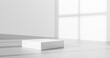 White product background or empty blank space room design and window light minimal shadow display platform stage on interior podium pedestal scene backdrop stand with studio showcase. 3D render.