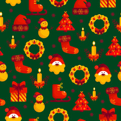  Seamless Christmas pattern. Christmas design elements, vector. High-quality flat design. Santa, gifts, candle, snowman, skates, garland, snowman, hat, Christmas tree.