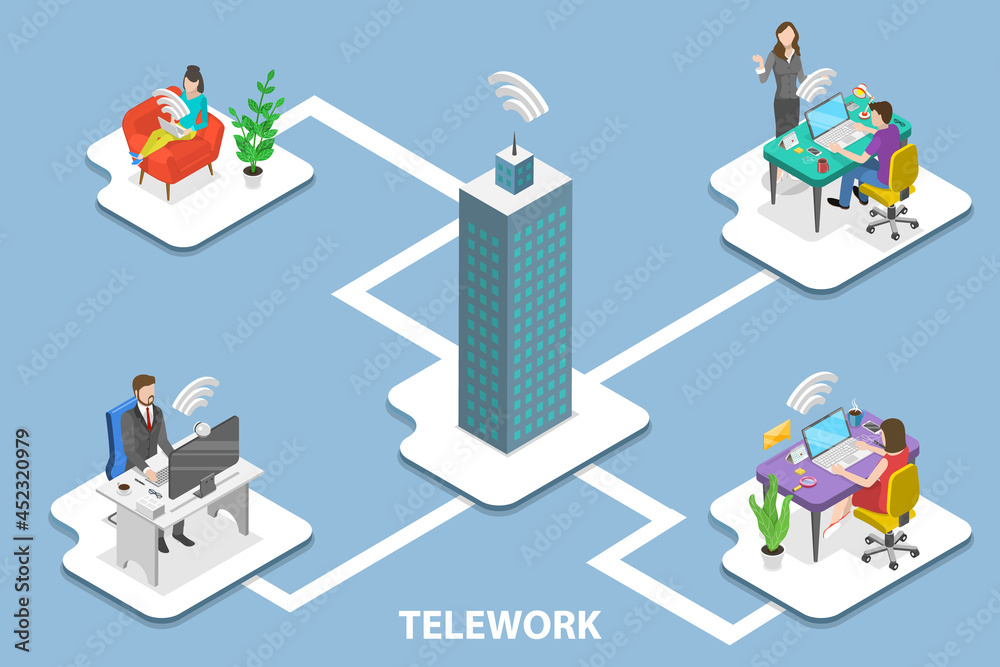 3D Isometric Flat Vector Conceptual Illustration of Telework, Remote ...