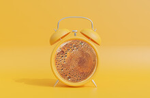 Retro Yellow Alarm Clock With Black Coffee In Middle On Yellow Background.,3d Model And Illustration.
