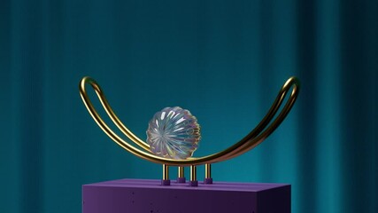 Aufkleber - 3d render of glass crystal geometry shape rolling on bent gold shape standing on purple element. Rich and luxury materials. Premium symbol. Infinite looping animation.