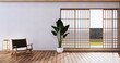 © Interior Design - Nihon room design interior with door paper and cabinet shelf wall on tatami mat floor room japanese style. 3D rendering