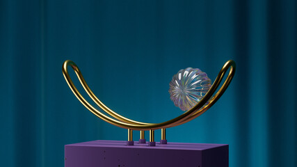 Poster - 3d render of glass crystal geometry shape rolling on bent gold shape standing on purple element. Rich and luxury materials. Premium symbol.