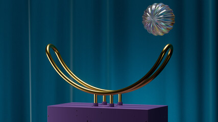 Poster - 3d render of glass crystal geometry shape rolling on bent gold shape standing on purple element. Rich and luxury materials. Premium symbol.