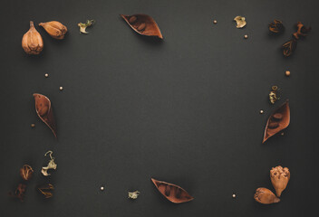 Canvas Print - Autumnal-winter composition with  dried leaves, bark of trees and berries on dark background.  Flat lay, copy space.