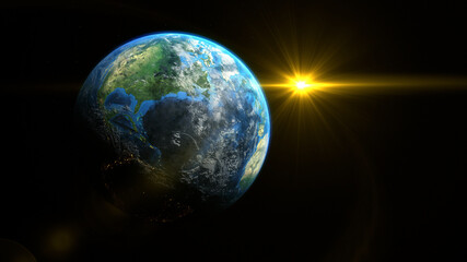 Wall Mural - sunrise and shadow on the earth rotate in space with star in universe. world realistic atmosphere 3d