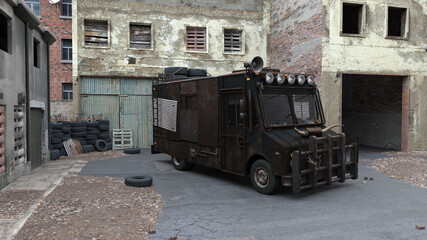 3D rendering of an armoured zombie hunter van in a ruined post apocalyptic urban street.