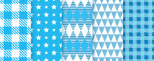 Octoberfest Checkered Seamless Patterns. Blue Lozenge Textures. Vector Illustration. Oktoberfest Plaid Backgrounds. Set Prints With Triangle, Rhombus, Check. Modern Geometric Backdrop.