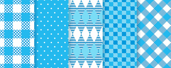 Wall Mural - Octoberfest Bavarian seamless patterns. Blue backgrounds with rhombus, polka dot, check. Set tartan plaid prints. Lozenge argyle textures. Modern geometric backdrops. Vector illustration.