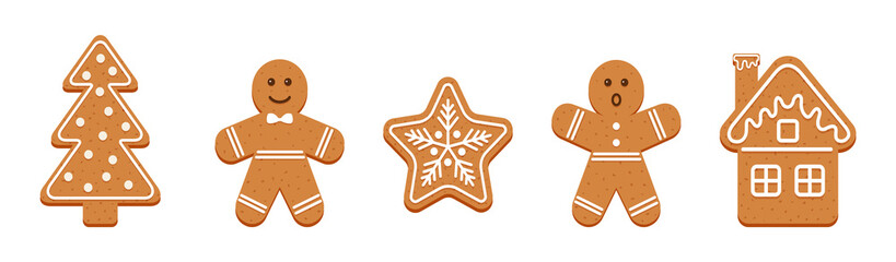 Gingerbread Christmas cookies. Xmas cute biscuits. Classic ginger bread men, tree, snowflake and house. Noel holiday sweet dessert isolated on white background. Vector illustration.