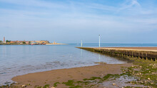 The Ferry Pier In Knott End-on-Sea, Lancashire, England, UK - With The River Wyre And Fleetwood In The Background