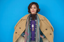 Portrait Confident Attractive Young Woman In Turtleneck, Shirt And Jacket Under Warm Wool Coat