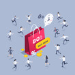 © dimon_ua - isometric vector illustration on gray background, red shopping bag and button that says buy now, people running for discounts, holiday sale, catch discounts