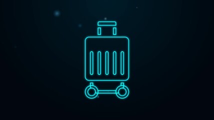 Poster - Glowing neon line Suitcase for travel icon isolated on black background. Traveling baggage sign. Travel luggage icon. 4K Video motion graphic animation