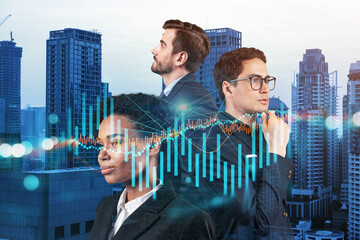 Wall Mural - Group of business colleagues in suits as a part of multinational corporate team working on forecasting trading corporate strategy at fund. Forex chart. Bangkok on background. Double exposure