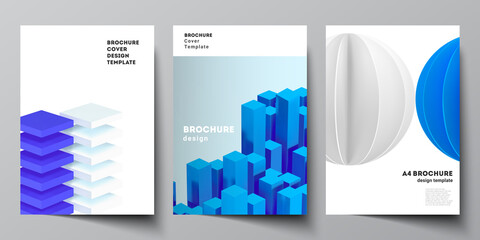 Fototapete - Vector layout of A4 cover mockups templates for brochure, flyer layout, booklet, cover design, book design. 3d render vector composition with dynamic realistic geometric blue shapes in motion.
