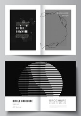 Poster - Vector layout of two A4 cover mockups templates for bifold brochure, flyer, cover design, book design. Abstract technology black color science background. Digital data. Minimalist high tech concept.