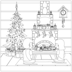 Wall Mural - Coloring book for kids and adults in the form of a vector room prepared for the celebration of the new year and Christmas.